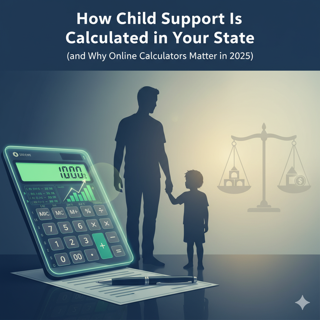 Conceptual illustration of child support, showing a silhouette of a father and child next to a large calculator and scales of justice balancing a child's needs against financial cost.