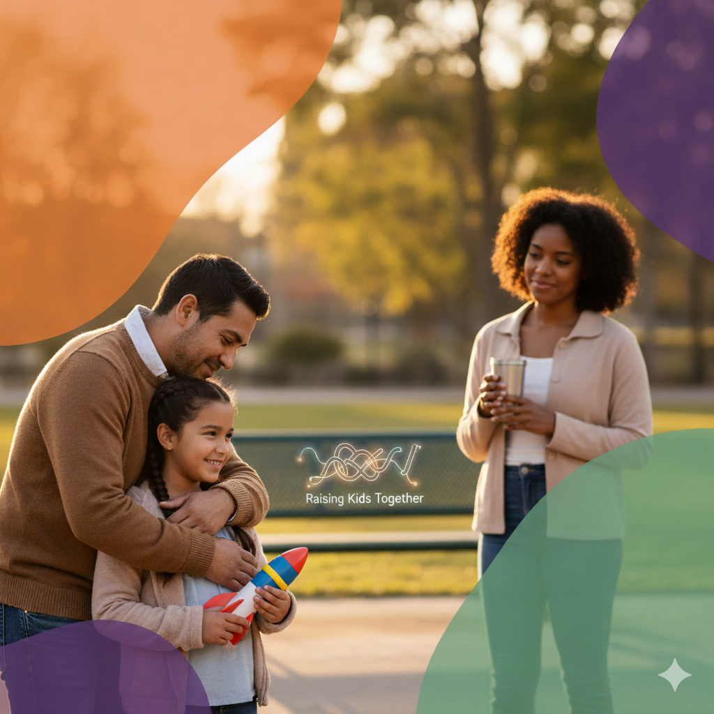 Co-parents raising their daughter together peacefully in a park. The father hugs the daughter while the mother looks on with a warm smile.